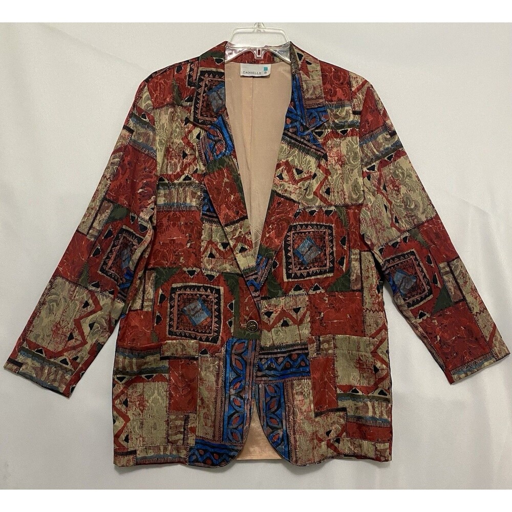 Danielle B Womens Blazer Jacket Small Southwestern Tribal Patchwork 1 Button